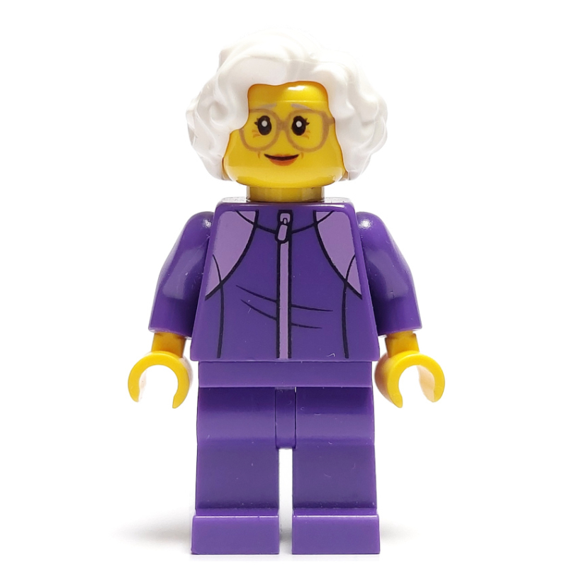 LEGO Woman, Dark Purple Jogging Suit, White Hair, Large Glasses (fig-009664)