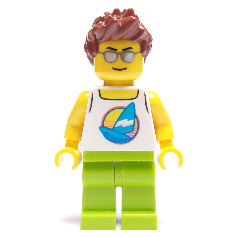 LEGO Man, White Tank Top with Windsurfer, Lime Legs, Reddish Brown Hair, Silver Sunglasses (fig-009665)