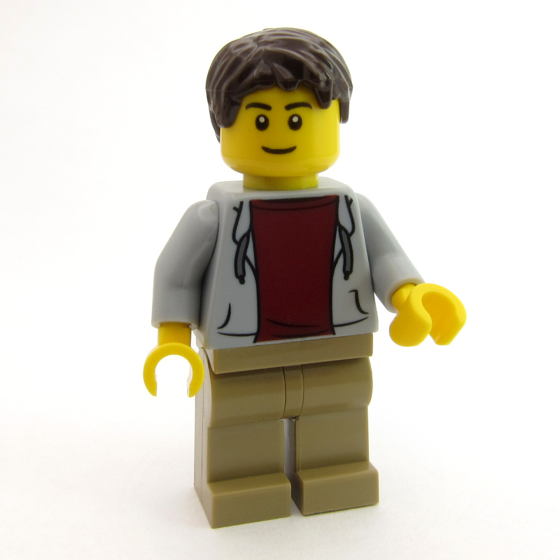 LEGO Man, Open Light Bluish Gray Hoodie over Dark Red Shirt, Dark Tan Legs, Dark Brown Hair (fig-009669)