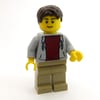 Man, Open Light Bluish Gray Hoodie over Dark Red Shirt, Dark Tan Legs, Dark Brown Hair