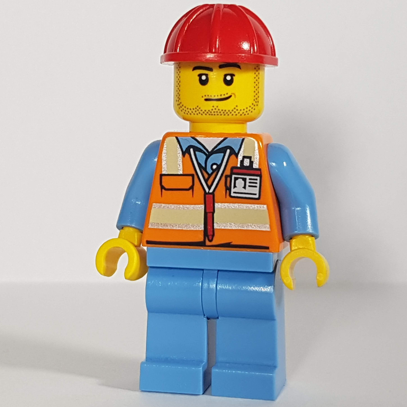 LEGO Ground Crew, Orange Safety Vest, Medium Blue Legs, Red Hard Hat, Stubble (fig-009671)