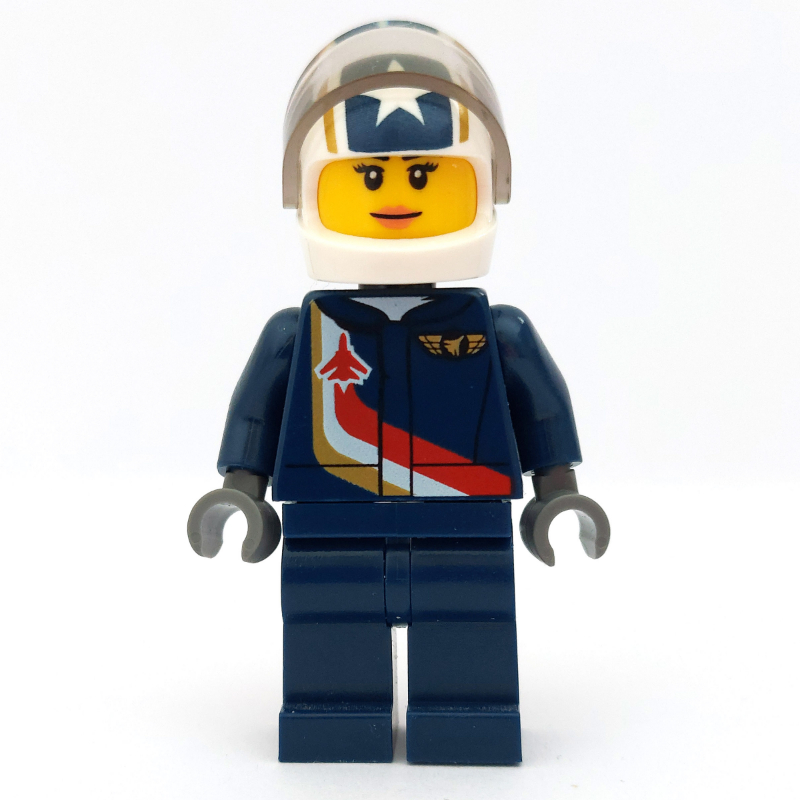 LEGO Pilot, Woman, Dark Blue Jumpsuit with Plane and Wings Badge, White Helmet with Stars and Visor (fig-009672)