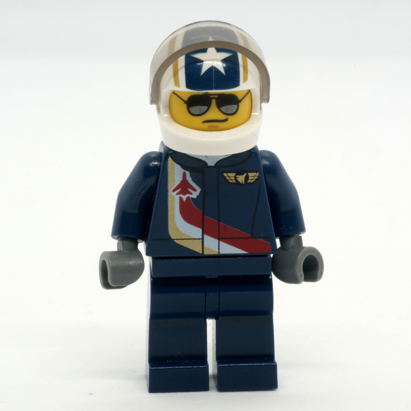 LEGO Pilot, Dark Blue Jumpsuit with Plane and Wings Badge, White Helmet with Stars and Visor, Sunglasses (fig-009673)