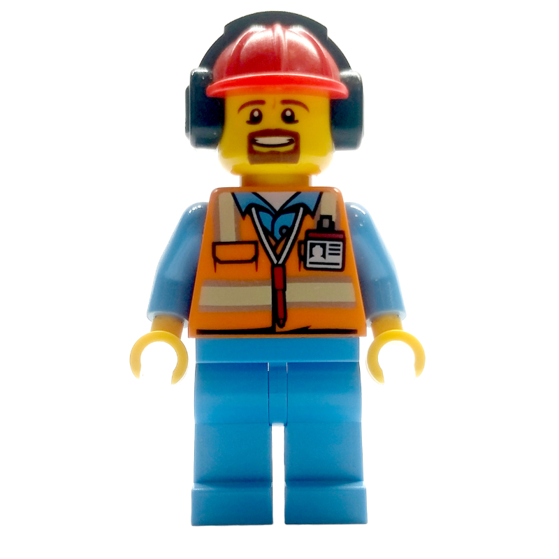 LEGO Ground Crew, Orange Safety Vest, Medium Blue Legs, Red Hard Hat with Ear Defenders, Goatee Beard (fig-009677)