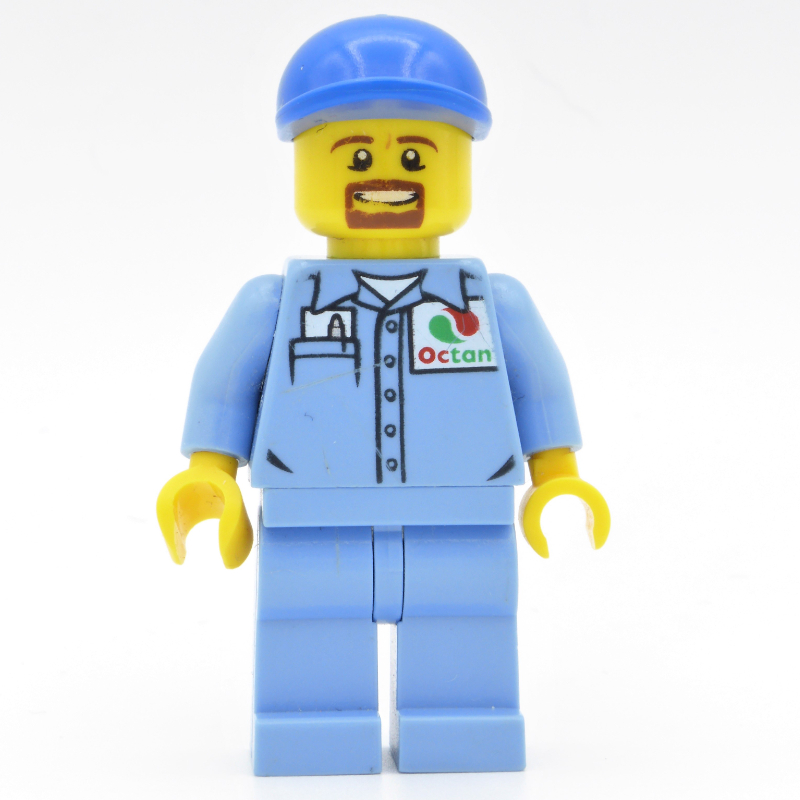 LEGO Ground Crew, Medium Blue Shirt with Octan Logo, Medium Blue Legs, Blue Cap, Goatee Beard (fig-009682)