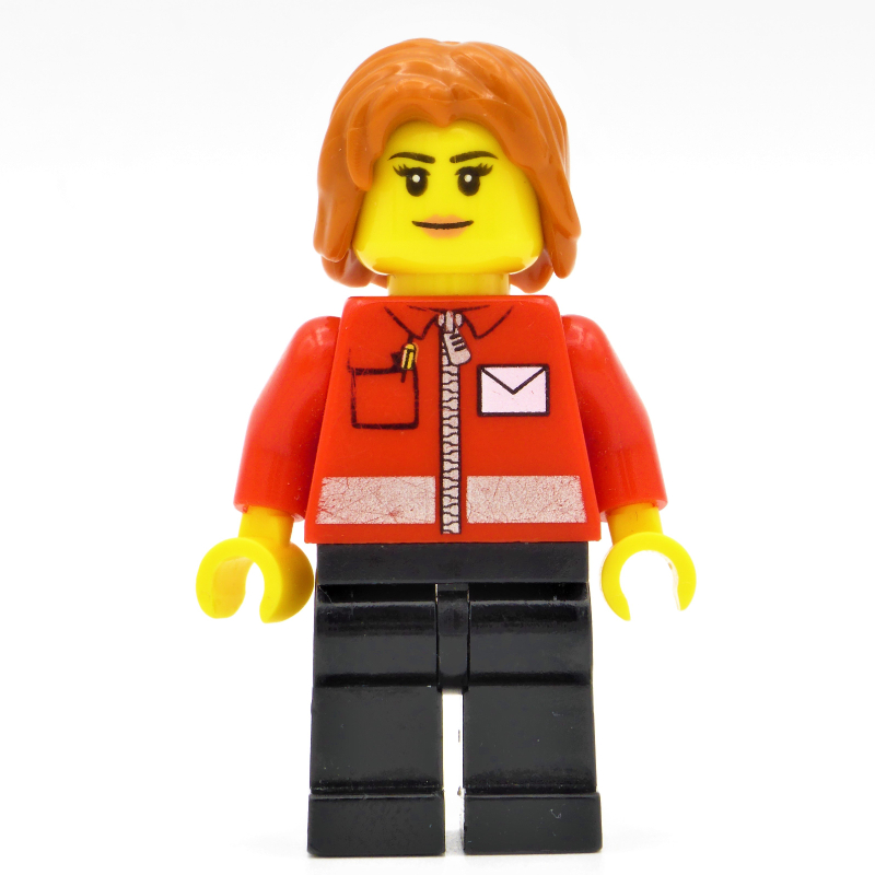 LEGO Postal Worker, Woman, Red Jacket with Zipper and Letter Logo, Black Legs, Dark Orange Hair (fig-009683)