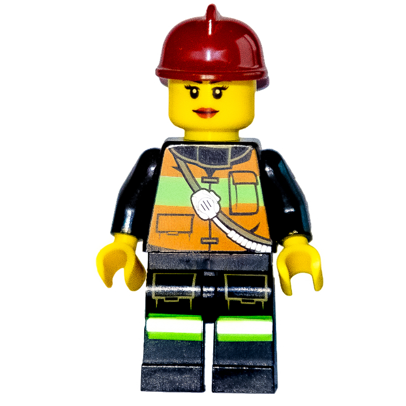 LEGO Firewoman, Orange Safety Vest with Radio, Dark Red Helmet (fig-009684)