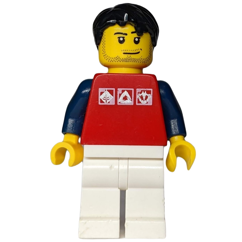LEGO Man, Red Top with Dark Blue Arms, White Legs, Black Hair, Stubble (fig-009686)