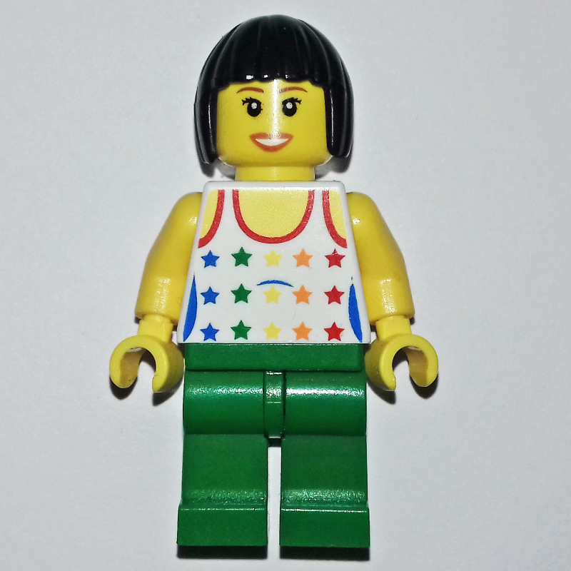 LEGO Woman, White Vest with Stars, Green Legs, Black Hair (fig-009687)