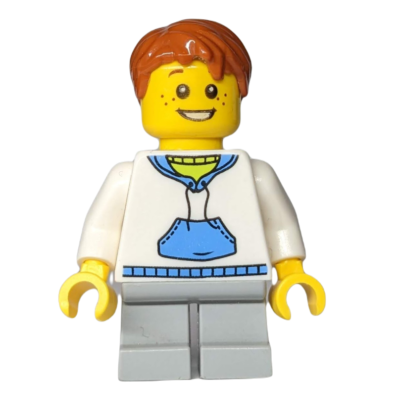 LEGO Boy, White and Blue Hoodie, Short Light Bluish Gray Legs, Dark Orange Hair (fig-009688)