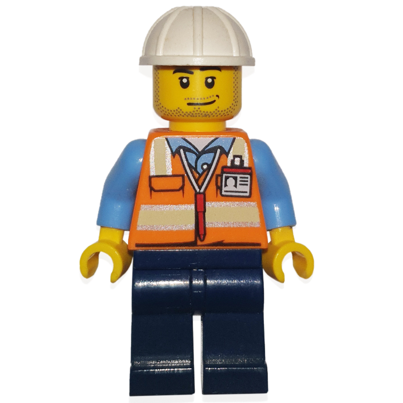 LEGO Ground Crew, Orange Safety Vest, Dark Blue Legs, White Hard Hat, Stubble (fig-009694)