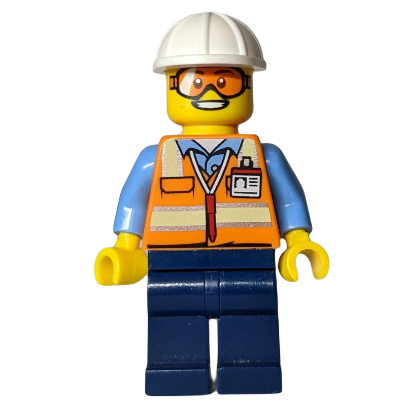 LEGO Ground Crew, Orange Safety Vest, Dark Blue Legs, White Hard Hat, Orange Safety Goggles (fig-009695)