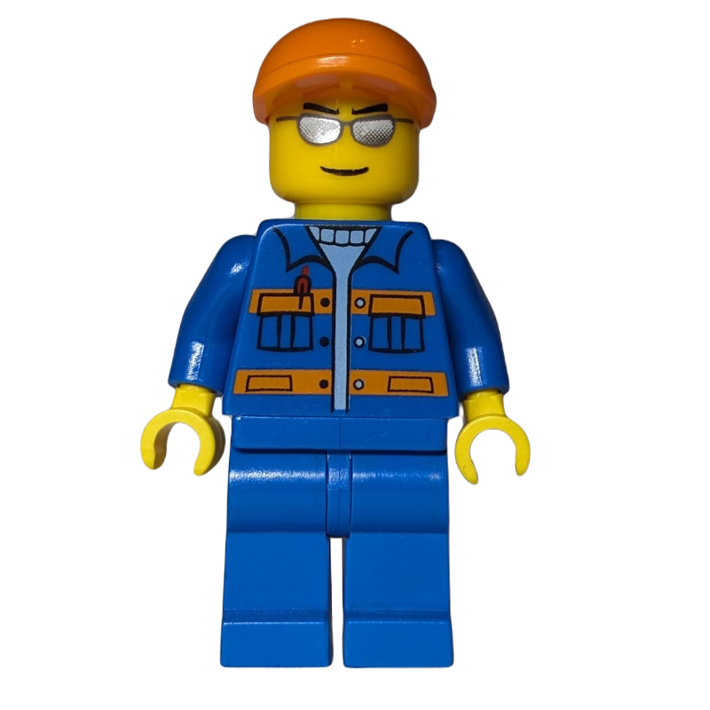 LEGO Ground Crew, Blue Jumpsuit with Orange Stripes and Pockets, Orange Cap, Silver Sunglasses (fig-009697)