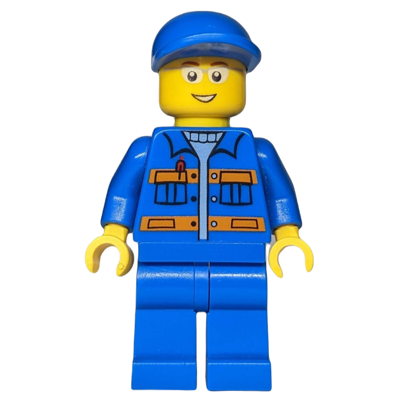 LEGO Ground Crew, Blue Jumpsuit with Orange Stripes and Pockets, Blue Cap, Glasses (fig-009700)