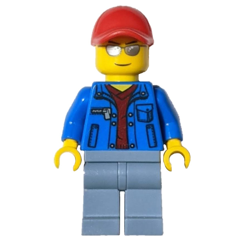 LEGO Man, Open Blue Jacket over Dark Red Shirt, Sand Blue Legs, Red Cap, Silver Sunglasses (fig-009701)
