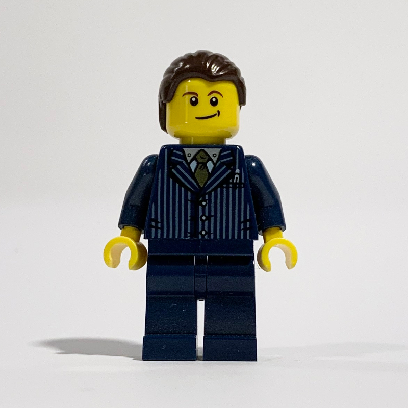 LEGO Man, Dark Blue Pinstripe Suit with Gold Tie, Dark Brown Hair, Brown Eyebrows (fig-009702)
