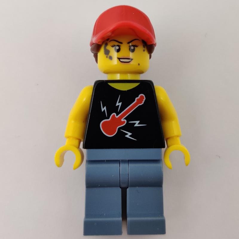 LEGO Woman, Black Top with Guitar, Sand Blue Legs, Red Cap with Hair (fig-009704)