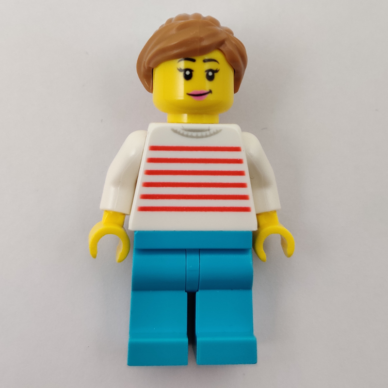 LEGO Woman, Red and White Striped Sweater, Medium Azure Legs, Medium Nougat Hair (fig-009709)