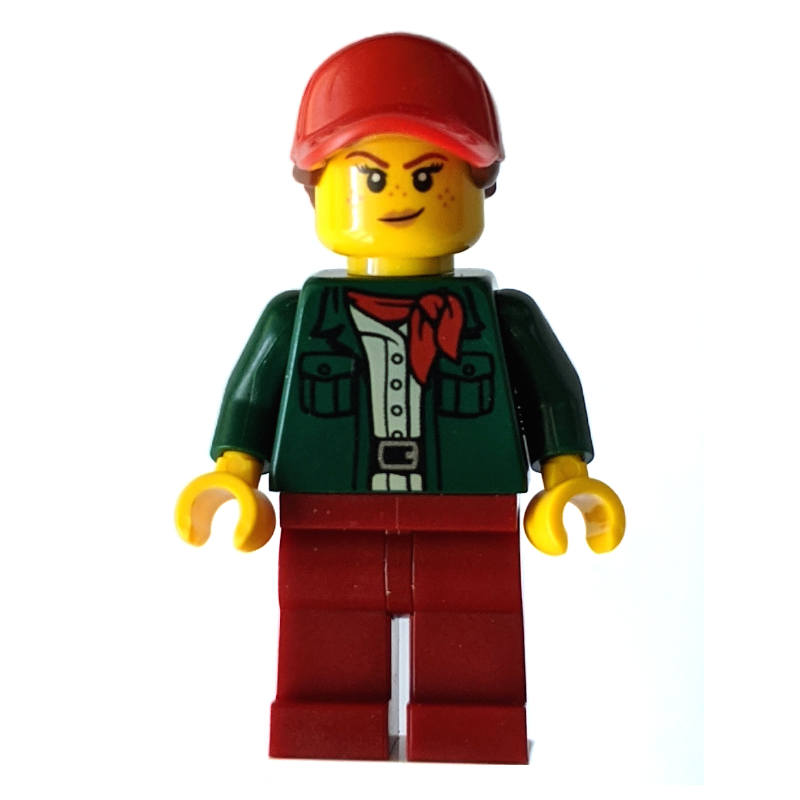 LEGO Woman, Open Dark Green Jacket with Red Neckerchief, Dark Red Legs, Red Cap with Hair (fig-009710)