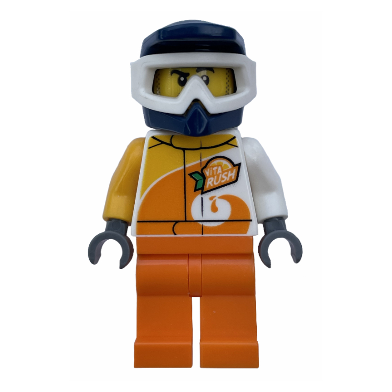 LEGO Racer, White and Orange Jumpsuit with 'VITA RUSH', Blue Helmet with Goggles, Stubble (fig-009712)