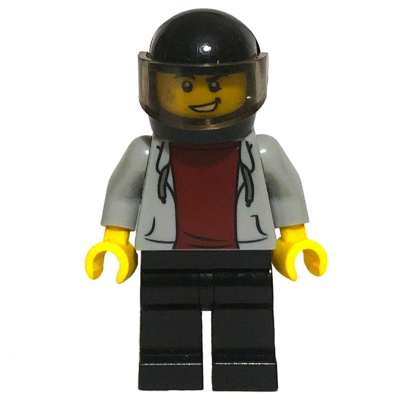 LEGO Man, Light Bluish Gray Hoodie over Dark Red Shirt, Black Legs, Black Helmet with Visor (fig-009713)