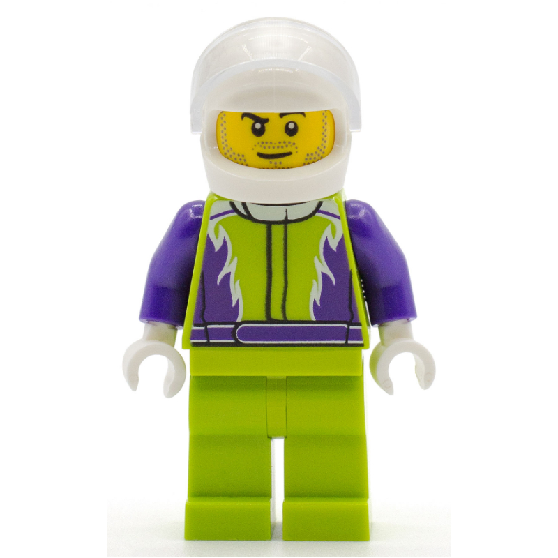 LEGO Racer, Lime and Dark Purple Jumpsuit, White Helmet with Visor (fig-009714)