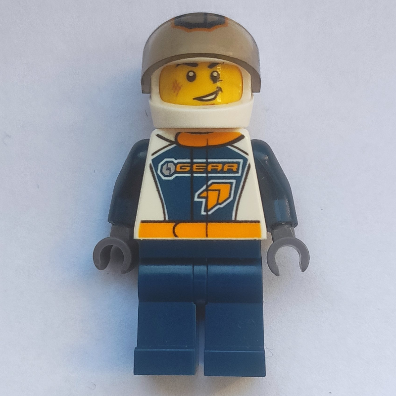 LEGO Racer, Dark Blue and White Jumpsuit with 'GEAR', White Helmet with 'G' and Visor (fig-009716)