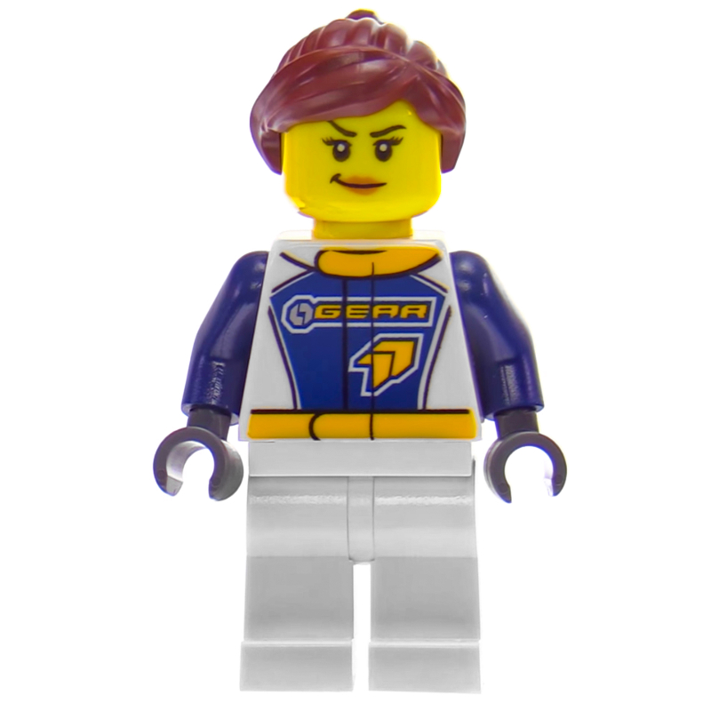LEGO Racer, Woman, Dark Blue and White Jumpsuit with 'GEAR', Reddish Brown Hair (fig-009717)