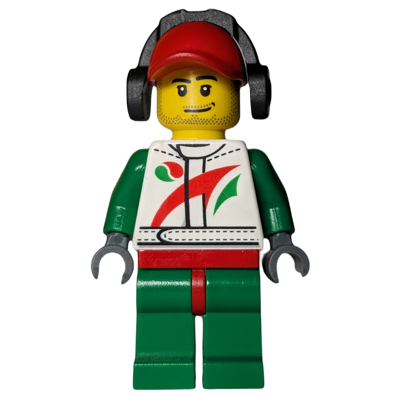 LEGO Racer, White and Green Jumpsuit with Octan Logo, Red Cap with Ear Defenders, Stubble (fig-009720)