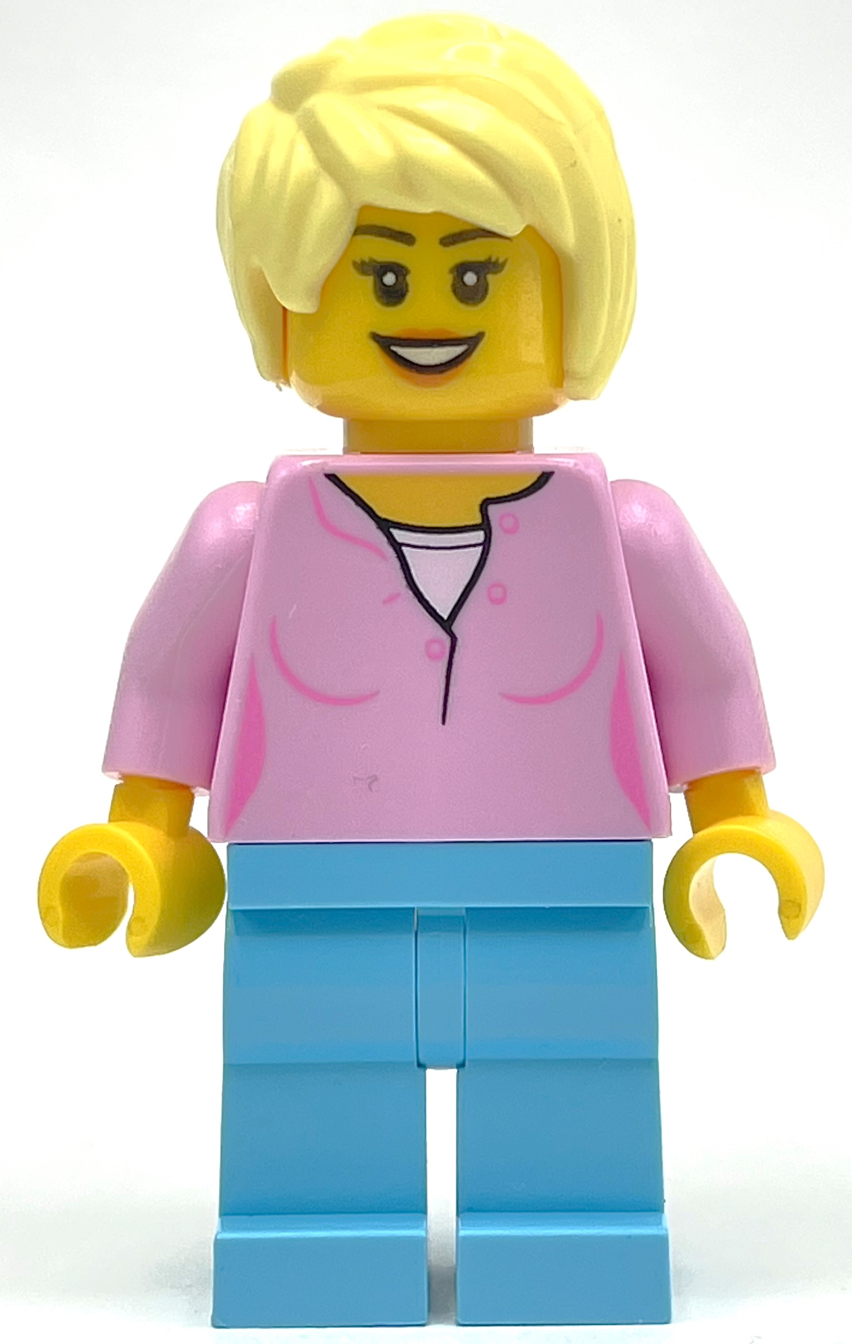 LEGO Woman, Bright Pink Top, Medium Azure Legs, Bright Light Yellow Hair (fig-009721)