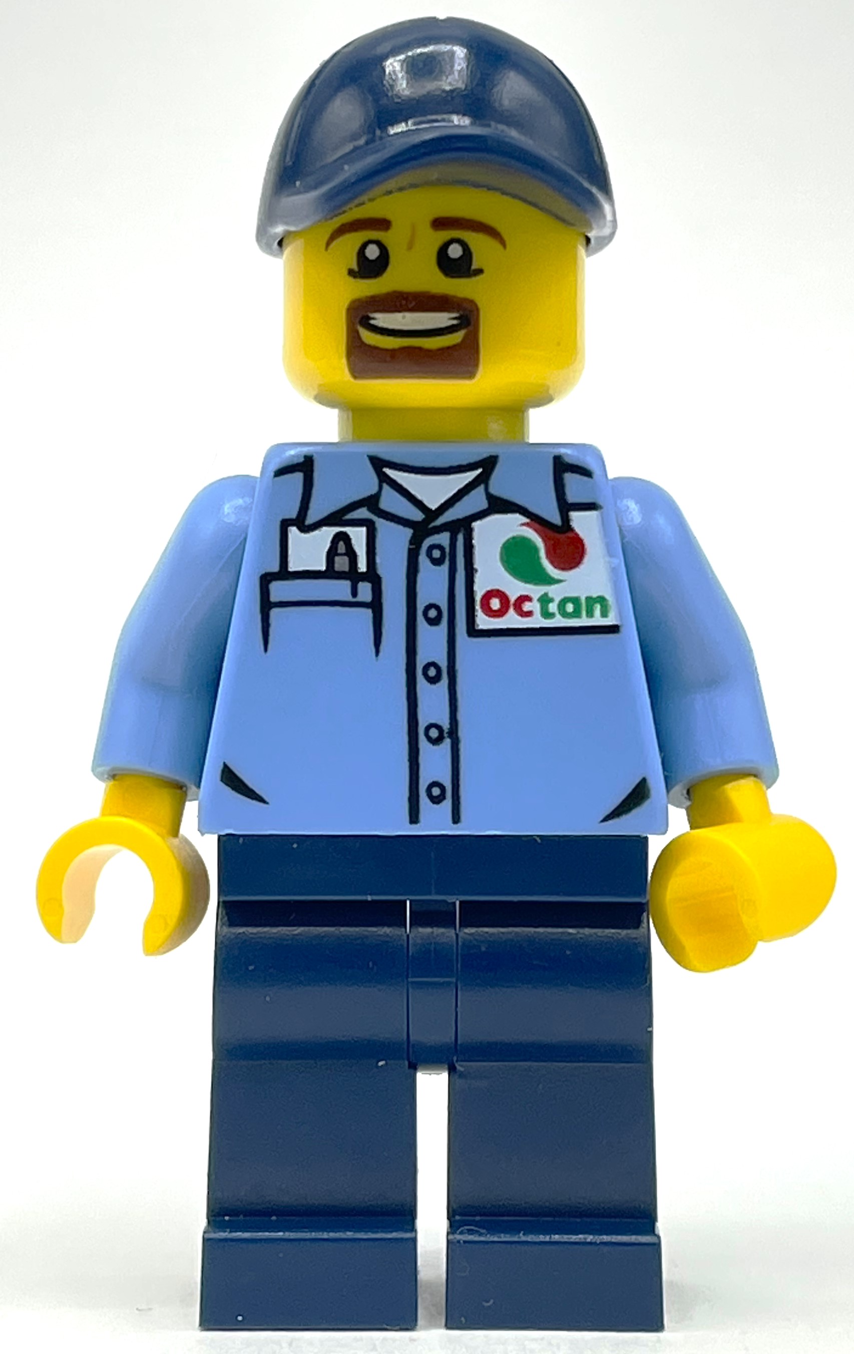 LEGO Man, Medium Blue Shirt with Octan Logo, Dark Blue Legs, Dark Blue Cap, Goatee Beard (fig-009722)