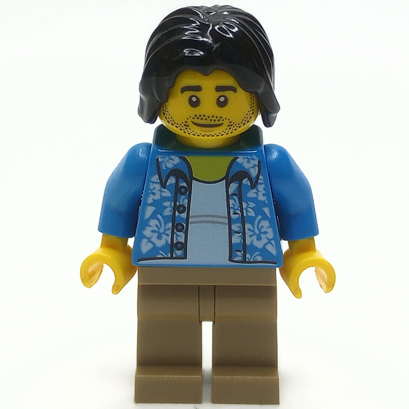 LEGO Man, Open Dark Azure Hawaiian Shirt, Dark Tan Legs, Black Hair (fig-009723)