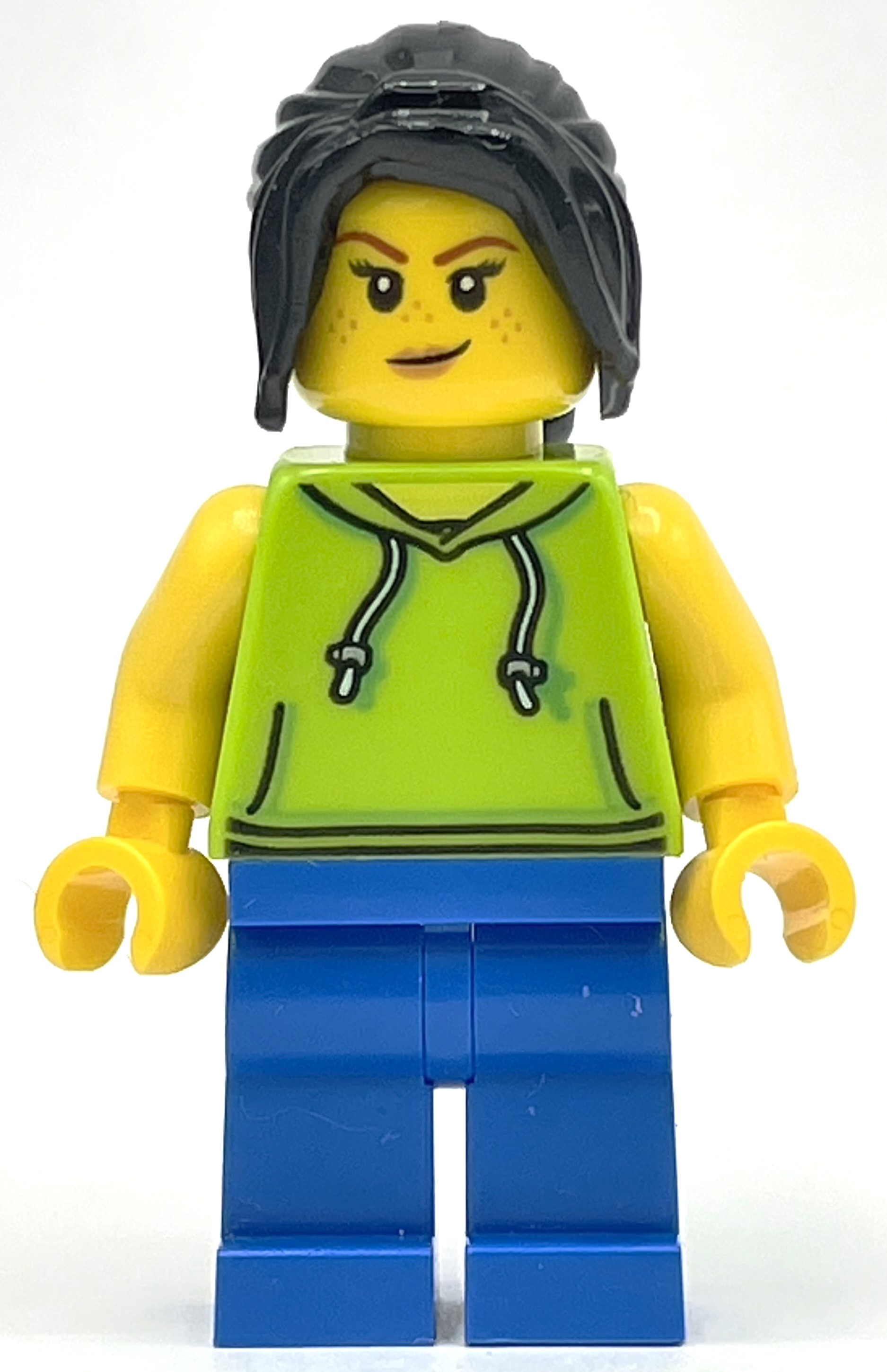 LEGO Woman, Lime Hoodie, Blue Legs, Black Hair (fig-009724)