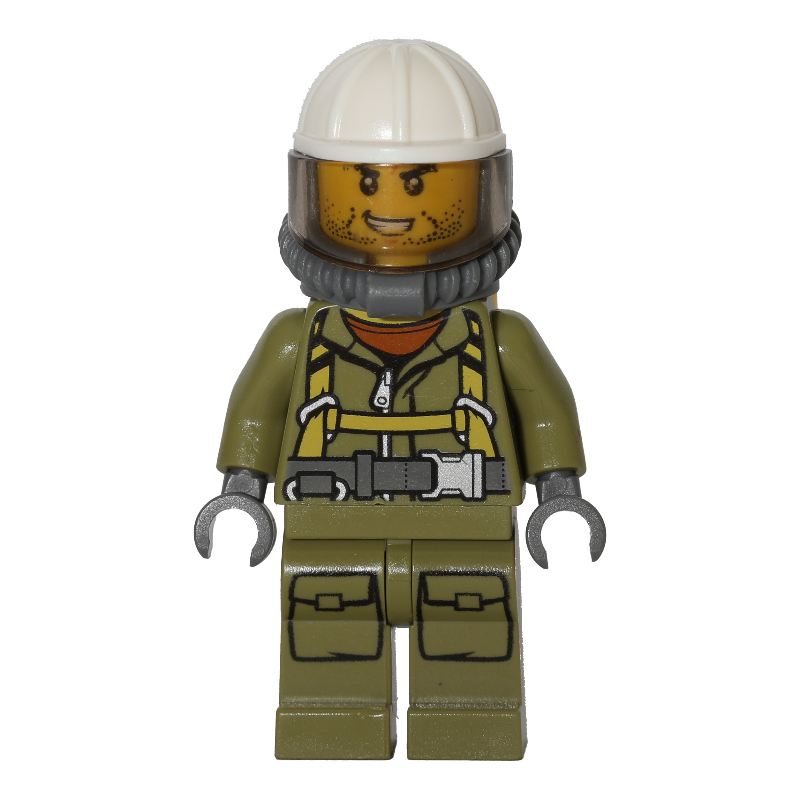 LEGO Volcano Explorer, Man, Olive Green Jumpsuit with Straps, White Hard Hat with Visor, Breathing Apparatus, Airtanks, Stubble (fig-009725)