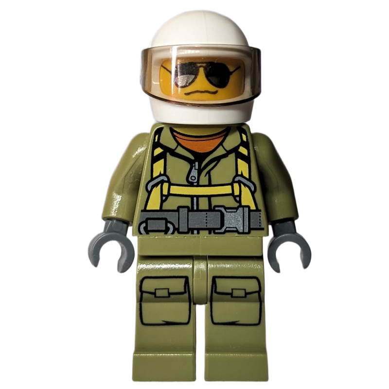 LEGO Volcano Explorer, Man, Olive Green Jumpsuit with Straps, White Helmet with Visor, Sunglasses (fig-009726)