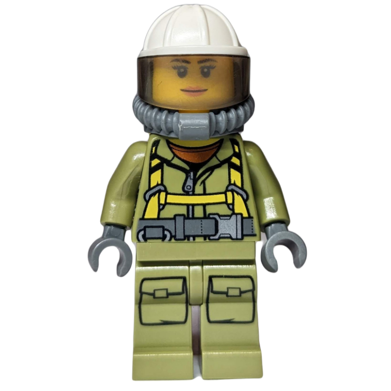 LEGO Volcano Explorer, Woman, Olive Green Jumpsuit with Straps, White Hard Hat with Visor, Breathing Apparatus, Airtanks (fig-009727)