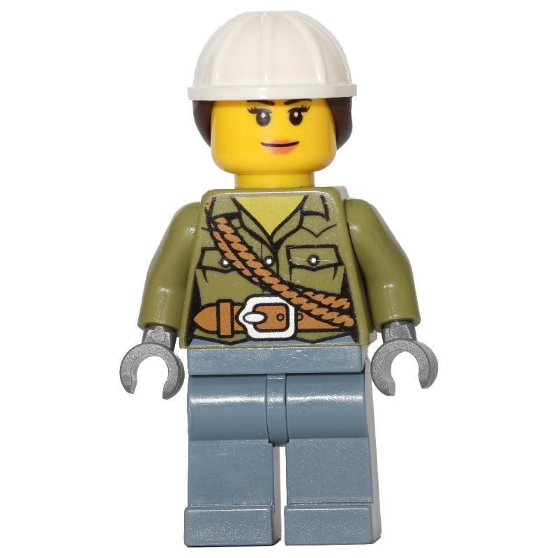 LEGO Volcano Explorer, Woman, Olive Green Shirt with Rope, White Hard Hat with Hair (fig-009728)