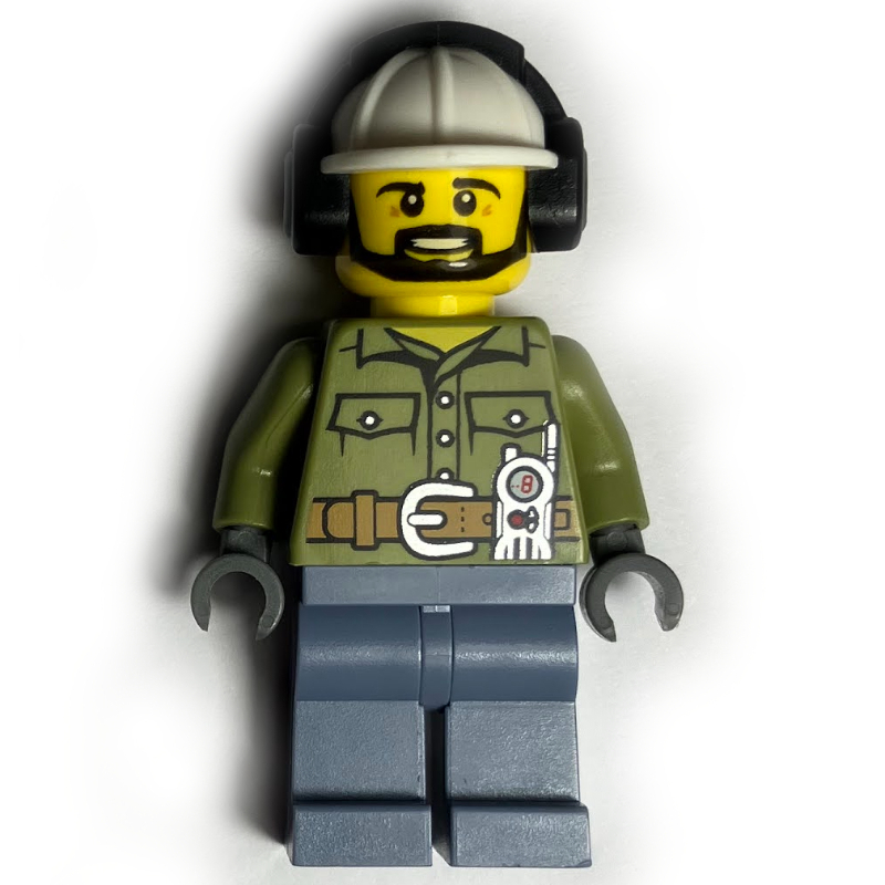 LEGO Volcano Explorer, Man, Olive Green Shirt, White Hard Hat with Ear Defenders, Beard (fig-009730)