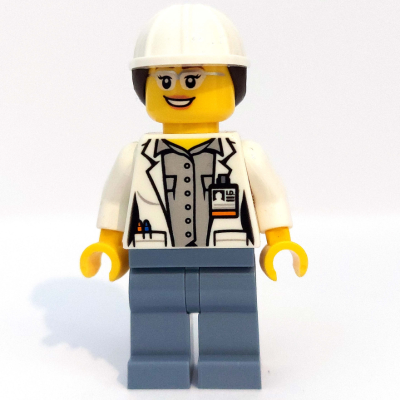 LEGO Volcano Explorer Scientist, Woman, Open White Lab Coat, Sand Blue Legs, White Hard Hat with Hair (fig-009731)