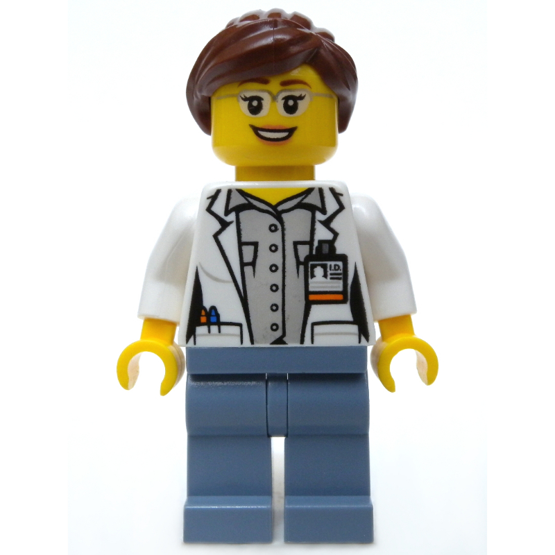 LEGO Volcano Explorer Scientist, Woman, Open White Lab Coat, Sand Blue Legs, Reddish Brown Hair, Glasses (fig-009734)