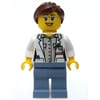 Volcano Explorer Scientist, Woman, Open White Lab Coat, Sand Blue Legs, Reddish Brown Hair, Glasses