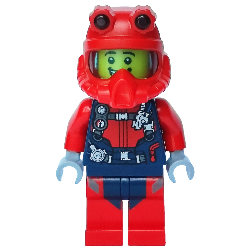 LEGO Diver, Man, Red and Dark Blue Wetsuit with Straps and Gauges, Red Diving Helmet, Airtanks (fig-009735)