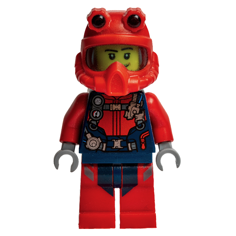 LEGO Diver, Man, Red and Dark Blue Wetsuit with Straps and Gauges, Red Diving Helmet, Airtanks, Stubble (fig-009737)