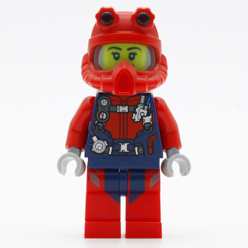 LEGO Diver, Woman, Red and Dark Blue Wetsuit with Straps and Gauges, Red Diving Helmet, Airtanks, Open Mouth (fig-009738)