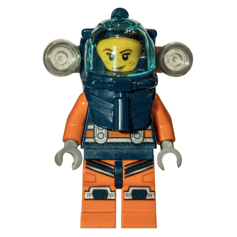 LEGO Diver, Woman, Dark Blue and Orange Wetsuit, Dark Blue Diving Helmet with Flashlights and Visor (fig-009743)