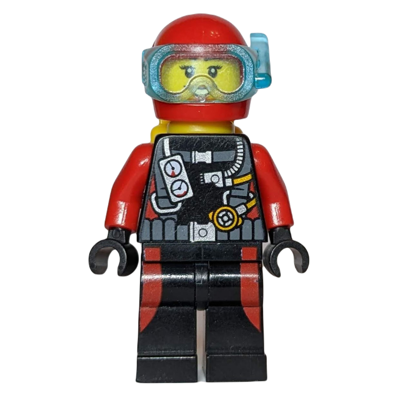 LEGO Diver, Woman, Black and Red Wetsuit with Gauges, Red Helmet with Mask (fig-009746)