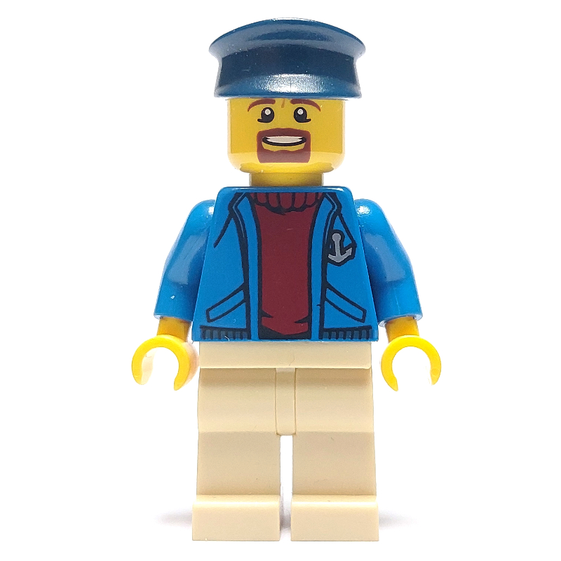 LEGO Ship Captain, Open Blue Jacket with Anchor over Dark Red Sweater, Tan Legs, Dark Blue Hat, Goatee Beard (fig-009751)