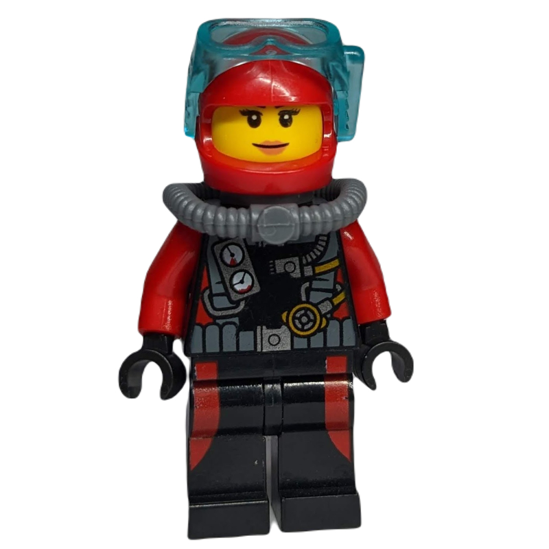 LEGO Diver, Woman, Black and Red Wetsuit with Gauges, Red Helmet with Mask (fig-009753)