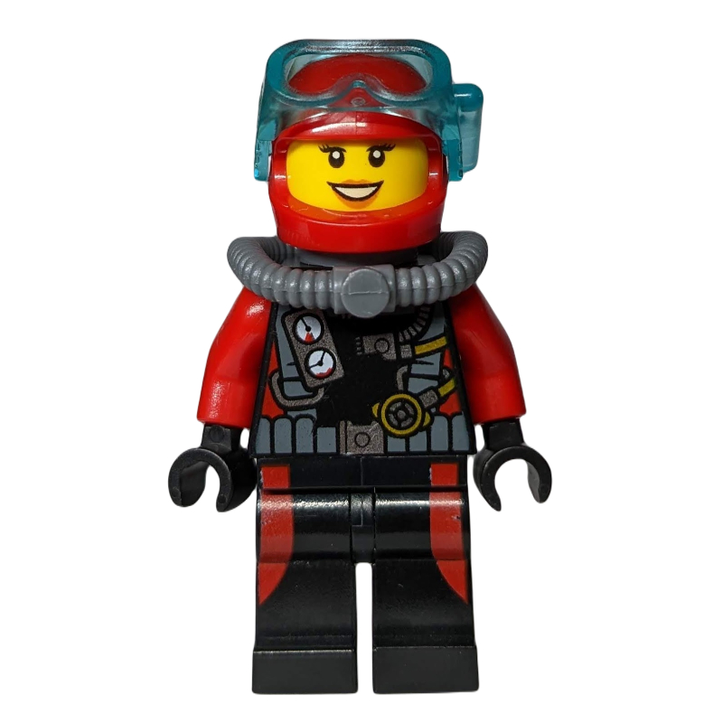 LEGO Diver, Woman, Black and Red Wetsuit with Gauges, Red Helmet with Mask (fig-009756)