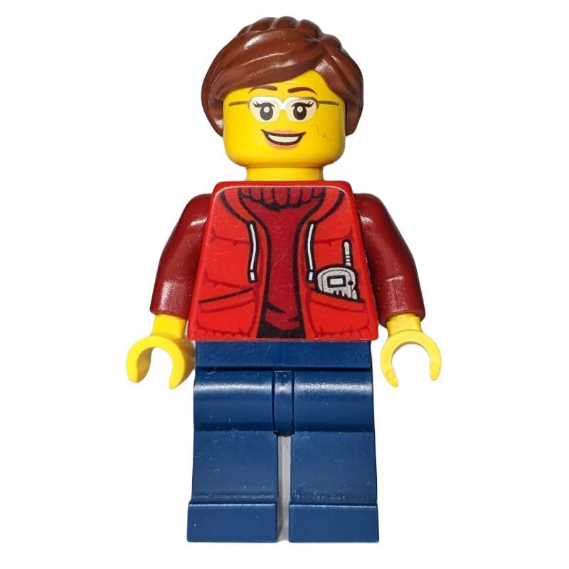 LEGO Marine Explorer, Woman, Open Red Jacket over Dark Red Sweater, Reddish Brown Hair, Glasses (fig-009757)